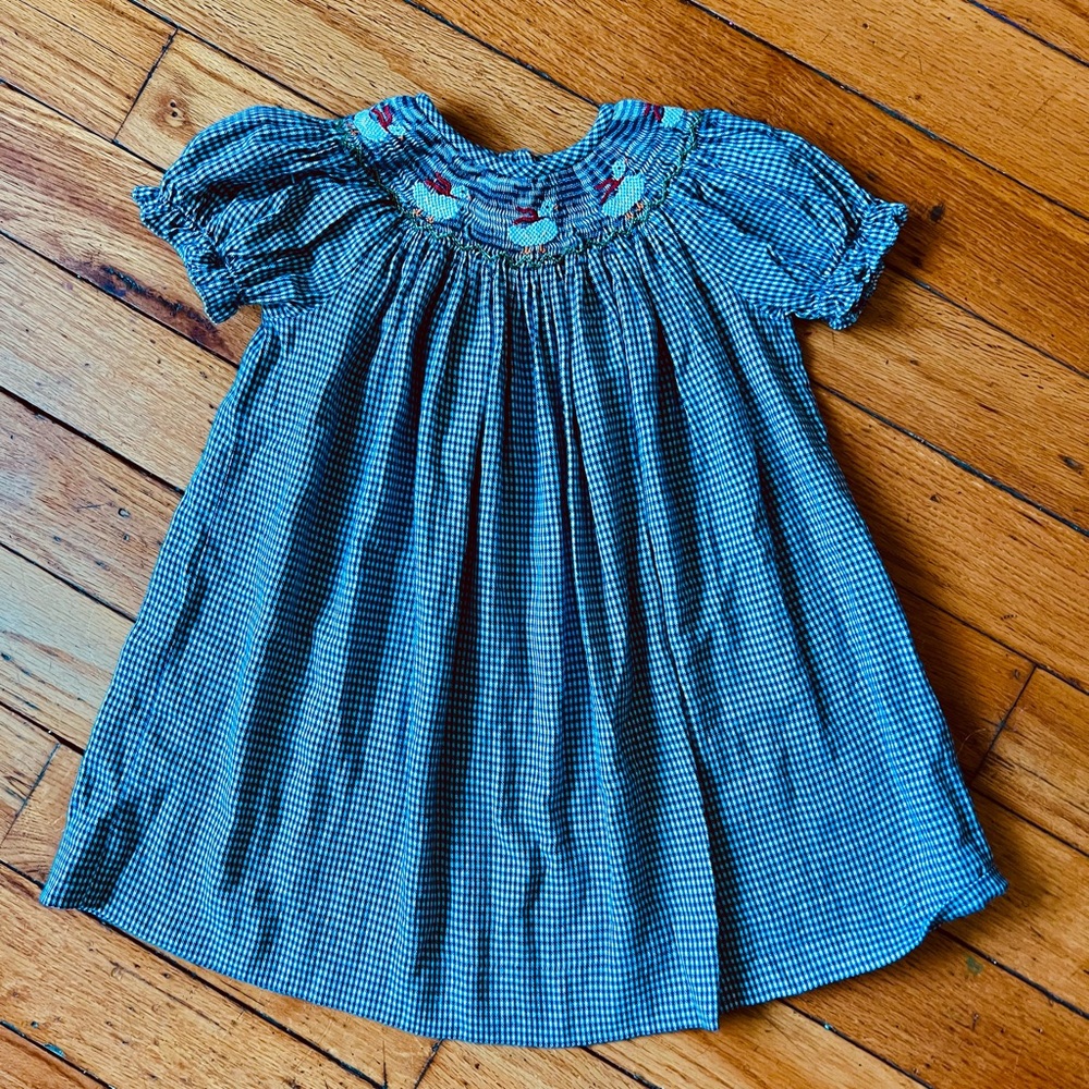 Blue Checkered Smocked Dress with Embroidered Details